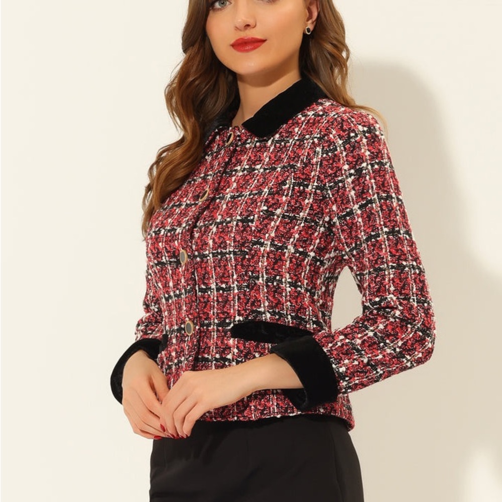 Allegra K Red Plaid Tweed Blazer with Black Trim